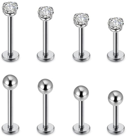 8 piercing per labbro, barretta per labbro, elice, cartilagine, cartilagine, strass, kit alla moda per labbro, trago e naso, filettati internamente, piercing a sfera per ragazzi e ragazze (acciaio