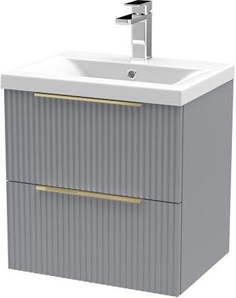 Balterley Vanity Unit with Basin Wall Hung, 2 Drawer Soft Close with Mid Edge Sink and Handles, Bathroom Vanity Units with Basin, Fluted Front Sink Cabinet - 510 x 390 x 540mm (Grey)