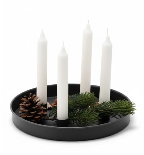 MACOSA CP676 Kerzenteller Schwarz rund Metall 25 cm modern Elegantes Adventsgesteck 4 Kerzenhalter Tischdekoration Advent Weihnachtsdeko Metallkranz Adventskranz (Schwarz)