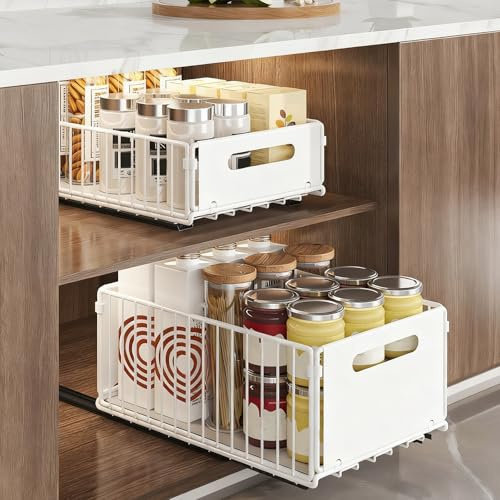LDHHYH 2Pack Pull Out Cabinet Organiser,Kitchen Cupboard Organiser Pull Out | Pull Out Kitchen Storage, Slide Out Drawers for Kitchen Cabinets, No Drill Adjustable Drawers for Kitchen Cabinets