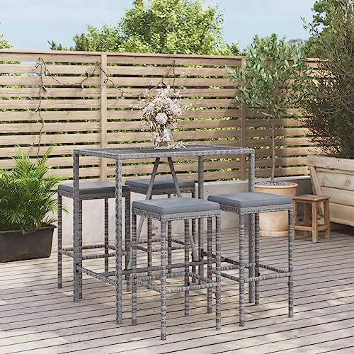 Mandloder 5-TLG. Gartenbar-Set mit Kissen, Grau Poly Rattan, 110x70x110 cm Bartisch, Outdoor Möbel für Terrasse Balkon, wetterfestes Loungeset