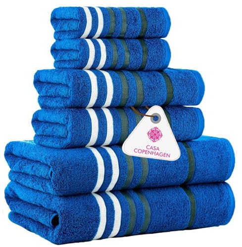 Casa Copenhagen Ensemble de Serviettes Exotiques 6 pièces –Bleu électrique, 525 g/m², Comprenant 2 de Bain, 2 à Main et 2 Gants de Toilette en Coton égyptien Doux, idéal pour la Salle de Bain