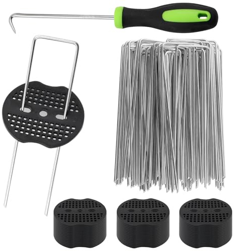 alwaiiz Unkrautvlies Haken, 60 Stück Erdanker Unkrautvlies Ø2.5 mm + 40 Stück Unterlegscheiben + Haken Werkzeug, Erdnägel Set für Befestigung von Gartenvlies