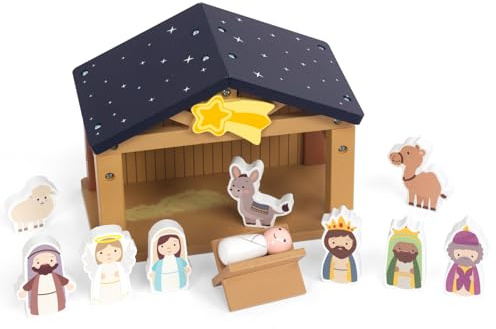 WOODENFUN Holz Krippen-Set m. Jesus Maria Josef & Tieren Weihnachtsspiel ab3