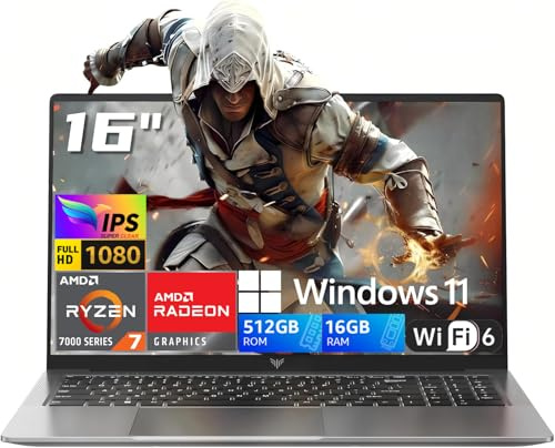 Computer portatile da gioco AMD 2026 con processore Ryzen 7 7735HS (8C/16T, fino a 4,75 GHz), 16 GB di RAM, 512 GB ROM, Windows 11, computer portatile con display FHD da 16 pollici con tastiera