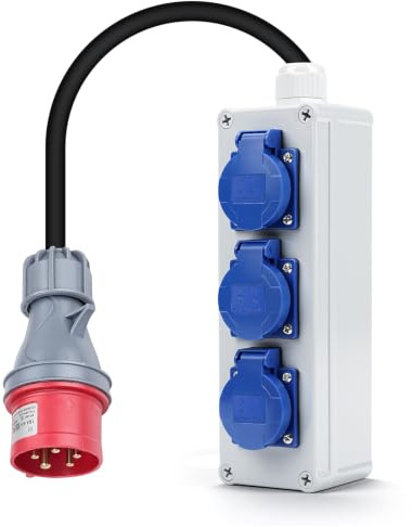 Distributore di Corrente di Costruzione presa industriale alla presa Schuko | Spina industriale a 5 pin da 400V a presa Schuko a 3 posizioni da 230V quadro elettrico esterno impermeabile IP44
