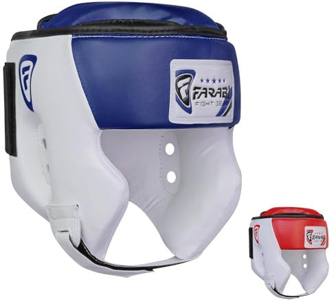 Farabi Sports caschetto boxe with Adjustable Strap, casco boxe Open Face Protection casco sparring boxe MMA, Muay Thai, Sparring, Arti Marziali, Karate, caschetto kick boxing (L, White/Blue)
