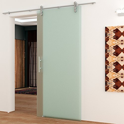 Glasschiebetür 775x2050mm Vollsatiniert Levidor Edelstahl-System komplett mit offenen Laufrollen und Stangengriff Schiebetür aus Glas für Innenbereich ESG-Sicherheitsglas Glastür