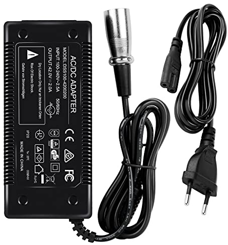 Wilktop 42V 2A Power Supply Charger Suitable for 36V 10Ah Lithium Ion Electric Scooter E-Bikes 2 Wheels with 3Pin Connection