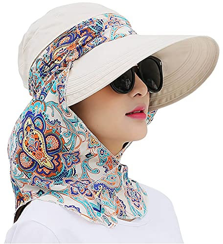 LassZone UPF 50 Packable Wide Brim Floppy Sun Hats for Women Ladies UV Protection Summer Beach Hats with Detachable Neck Cover and Zip Top Shield Beige