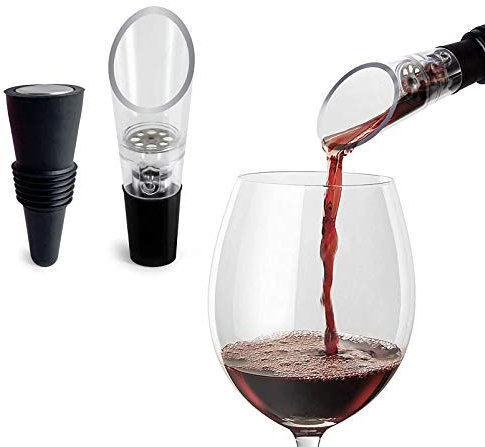 TenTen Labs Wine Aerator Pourer and Wine Stopper (2-Pack) - Wine Saver - Wine Aerator and Re-Corker - Gift Box Included (Black)