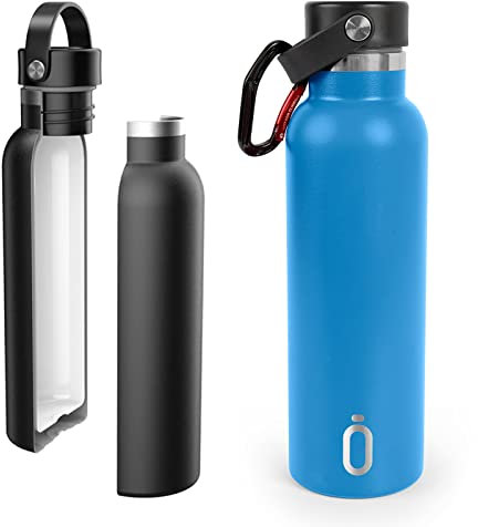 PracticDomus Runbott Botella Agua Térmica 600 ml en Acero Inoxidable sin BPA con Recubrimiento Interno Cerámico y Doble Capa con Vacío. Sin Sabor Metálico. Incluye Mosquetón. Color (Azul)