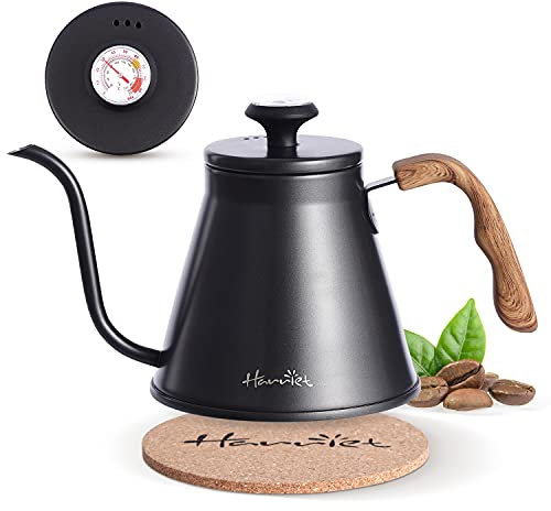 Harriet Gooseneck Kettle, Pour Over Kettle with Built-in Thermometer Coffee Kettle with Anti-Hot Wood Pattern Handle, Anti-Rust Stainless Steel with Flow Spout Design For Drip Coffee 37oz