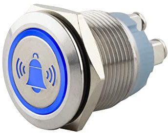 SeKi 19196 Edelstahl Drucktaster Ø19mm tastend flacher Kopfform farbig beleuchtetem Glocken Symbol in blau Schraubanschluss; Klingeltaster
