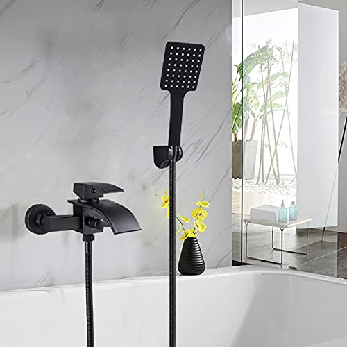 Badewannenarmatur Einhand Wannenbatterie mit Brausegarnitur Chrom Badarmatur Wasserfall für Dusche Badewanne Schwarz
