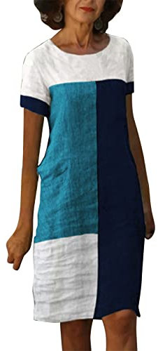 Abito da Donna Estivo in Lino Mezza Manica o Collo a Trapezio con Stampa Floreale al Ginocchio Abito Midi (XXL,1blu)