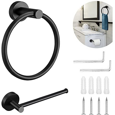 Toilet Paper Holder and Towel Ring Set, Toilet Towel Holder Toilet Roll Holder Towel Ring Hanging Round Hanger Polished Chrome Contemporary Bathroom Accessory Set for Bathroom,Hotel, Black