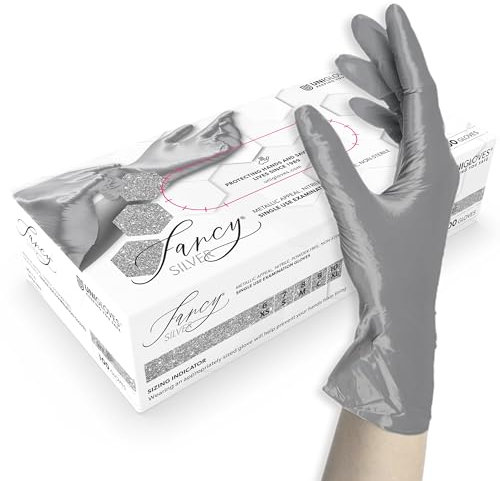 Unigloves Nitrilhandschuhe Unigloves FANCY Silver - glänzend silber - Einweghandschuhe unsteril, latexfrei, puderfrei - Lebensmittelecht • Schutz vor Viren, Pilzen und Bakterien (L (8-9))
