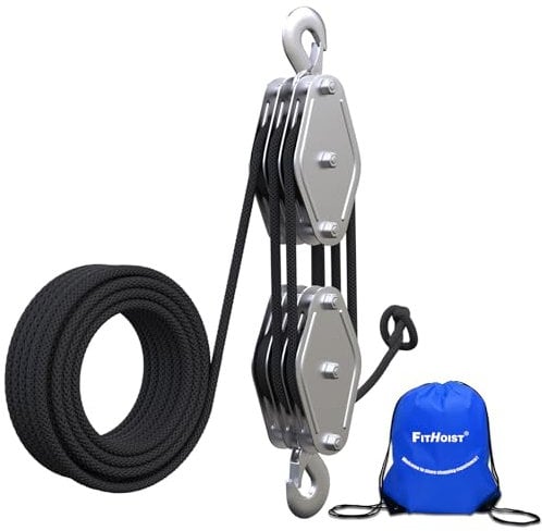 FITHOIST Block and Tackle 2200 LBS Breaking Strength Heavy Duty Pulley, 50 Ft 3/8 Rope Pulley, 5:1 Lifting Power Pulley System, Pulley Hoist for Animal Husbandry, Warehouses, Constructions(Black)