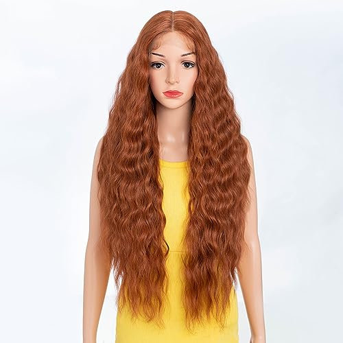 DÉBUT Lace-Front-Perücke, 76,2 cm, wasserwellig, super lang, 5 % brasilianisches Echthaar und 95 % hitzebeständige Kunsthaarperücke, 240 g, 15,2 cm, Spitzenscheitel, Spitze 76,2 cm, Kupferbraun