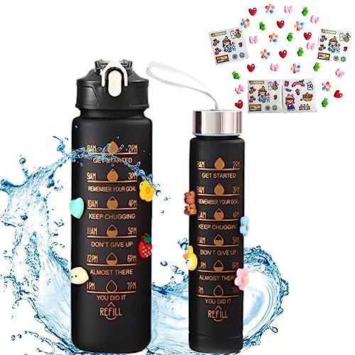 mfi home Botella De Agua Deportiva Sin Bpa, Botella De Agua 1 Litro y 500ml Con Pajilla, Pack 2 Botellas, Botella Agua Niños Colegio Incluye Stikers y Pegatinas, Botella Gym, Picnic Termo Color Negro