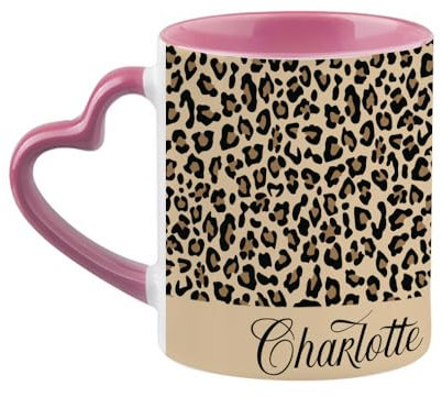 Personalised Cheetah Print Mug Custom Name, Leopard Print, Animal Print, Heart Handle Coffee, Tea Mug. (Pink)