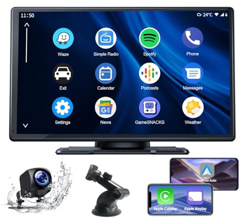 Volam Autoradio Portatile con Wireless A-pple Carplay Android Auto, 9 Pollic Car Audio Radio touchscreen con Bluetooth, Videocamera Backup 1080P, Controllo Vocale, A-pple Airplay, GPS, FM,AUX