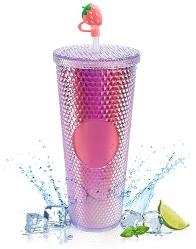 REFORUNG Nieten Becher mit Deckel und Edelstahl Strohhalm 710ml Doppelwandiger Kaltbecher aus Kunststoff Trinkbecher Kunststoffbecher mit Nieten Reisebecher für Eiskaffee Wasser to Go LilaGrün, Rosa