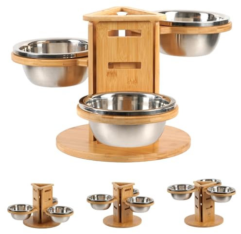 JAZUIHA Gamelle surélevée pour chiens de taille moyenne et grande - Réglable en hauteur - Avec 3 bols en acier inoxydable de 1400 ml - Avec support en bois