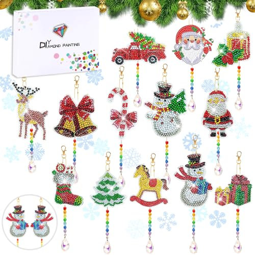 HEYIDAMAI Diamond Painting Kinder Weihnachten - 13 Set 5D Weihnachten Anhänger, Schlüsselanhänger Doppelseitige, DIY Kit Weihnachtsbaum Deko