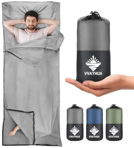 VVAYHUA Hüttenschlafsack,2in1 Reiseschlafsack aus Mikrofaser,Zwei-Wege-Reißverschlüsse Legen die Füße separat frei,Erwachsene Camping Blatt für Rucksacktourismus, Hotel, Geschäftsreisen(Grau)