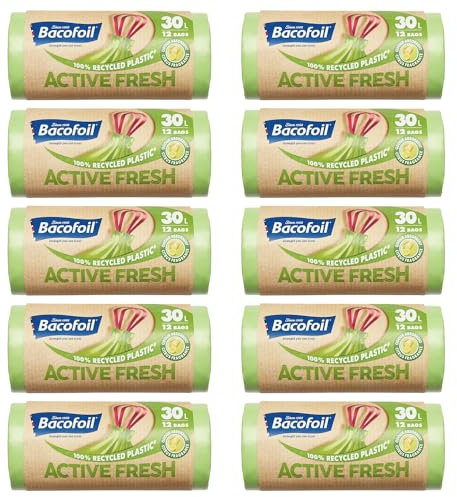 Bacofoil Active Fresh Bin Liners with Drawstring Handles 30L - Leak-Proof Bin Bag with a Citrus Fragrance to Prevent Odours (10 Rolls, 120 Bags)…