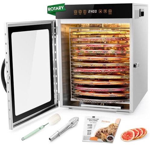 Kwasyo Dörrautomat Edelstahl, Doppelventilator 720 ° Effizientes Dry, Dörrgerät 12 Etagen Drehen, Rezeptheft für Fleisch Obst Gemüse Kräuter, 1000W