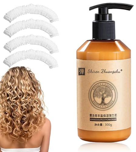 Shiren Zhuangshu 1 Stück, Long Lasting Styling Moroccan Volume Moisturizing Elasticity 300g Volumen Lockencreme Haar Reparatur Creme Marokkanisches Haaröl, mit 4 Einweg Duschhauben