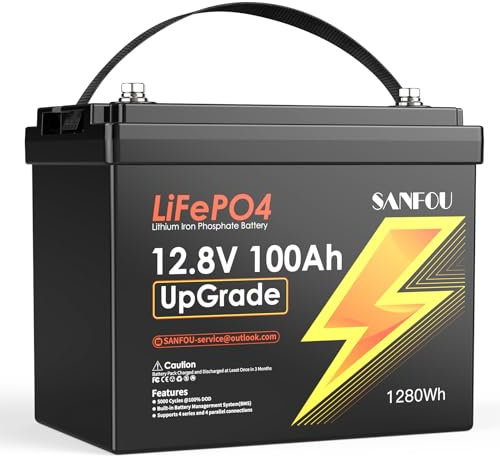 SANFOU 12,8V100Ah UpGrade LiFePO4 Akku Batterie, 1280Wh kleinste Lithium Batterie mit UpGraded 100A BMS Tieftemperaturschutz, 15000 Deep Cycles Batterie für RV, Trolling Motor, Solar Home, Camping