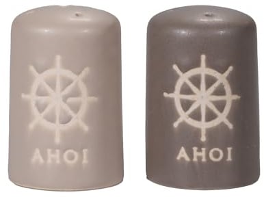 Maritimes Steingut-Geschirr, beige/taupe – Salz-/Pfefferstreuer, Steuerrad | Mix & Match Serie aus Keramik - nautische Motive zum Kombinieren - Küchenzubehör, Geschenkartikel – Seaside No.64