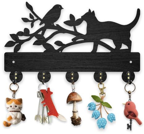MAYJOYDIY Holz Katze Vogel Schlüsselhaken Wandmontage 30x18cm Ast Blatt Tiermotiv Schlüsselhaken Garderobe Hut Kleiderhaken Mit 5 Legierung Haken Für Eingangsbereich Schlafzimmer Wohnzimmer Büro