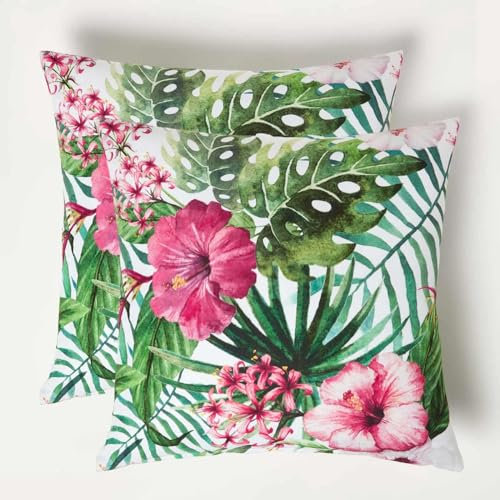 Homescapes 2er-Set Outdoor Kissen Hibiskus pink-grün, Gartenkissen 45x45 cm, Dekokissen floral, Kissen für Terrasse & Balkon