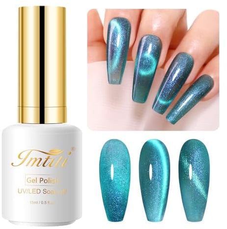 Imtiti Deep Ocean Blue-Green Cat Eye Gel Nail Polish, Galaxy Peacock Blue Holographic Glitter Magnetic UV Soak Off Cat Eyes Gel Polish with Magnet Set,15ml