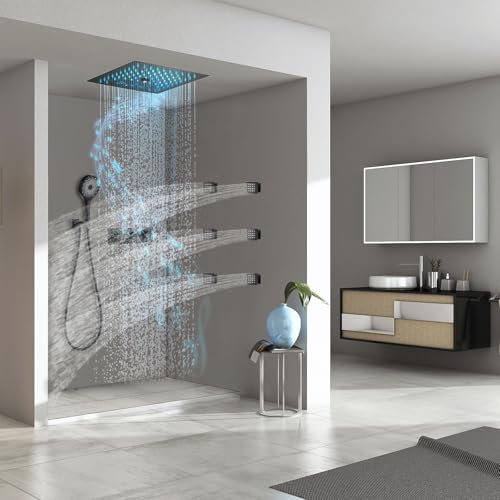 LNXGJJ 12 Inches Music Shower System 64 Colors LED Thermostatic Shower System 3 Mode Handheld Shower Luxury Shower System with 6 Shower Body Spray Jets with Built-In Bluetooth Speakers- black
