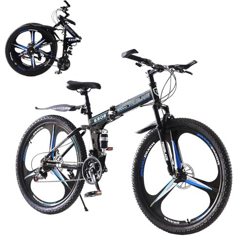 BSTSEL 26 Inch Wheels Folding Mountain Bike 3-Spoke Wheels Bicycle Foldable Mountain Bike Gears 21 Speed with Dual Suspension Disc-Brake Suitable for Unisex Men And Women (Black&Blue)