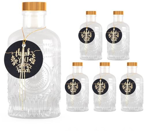 Clear Glass Bottles - 6 oz Pack of 6 Liquor Bottles, Heavy Base Glass Bottles with Gift Labels and Decorations for Oil Vinegar Kombucha Wine Beverages Drinks Beer Water Soda with T-Top Cork Cap