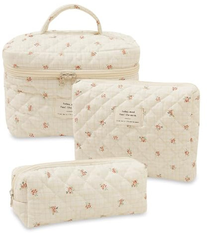 Aucuu Grande Trousse de Maquillage, Lot de 3 Trousse de Toilette Femme Voyage en Coton, Trousse de Toilette Femme Voyage, Motif Floral Grand Capacité Trousse de Toilette pour Fille Femme