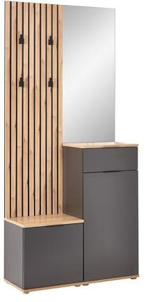 Kompaktgarderobe >Simple< Bank 44x45x35cm, Paneel 44x150x2cm, Schuhkommode 44x95x35cm, Spiegel 44x100x2cm, Anthrazit/Eiche Artisan Dekor, 2 Türen, 3 Böden und 4 Haken. (B 88 x H 195 x T 35 cm)