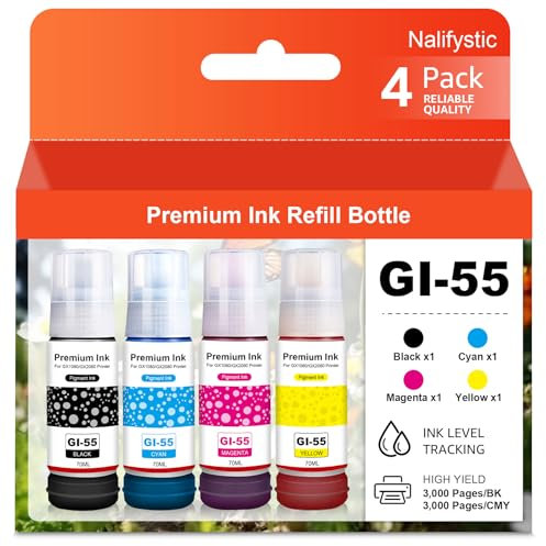 GI-55 GI55 Tinte Kompatibel mit Maxify GX1050 GX2050 Drucker 4-Farben-Multipack GI-55BK GI-55C GI-55M GI-55Y (Schwarz/Cyan/Magenta/Gelb)