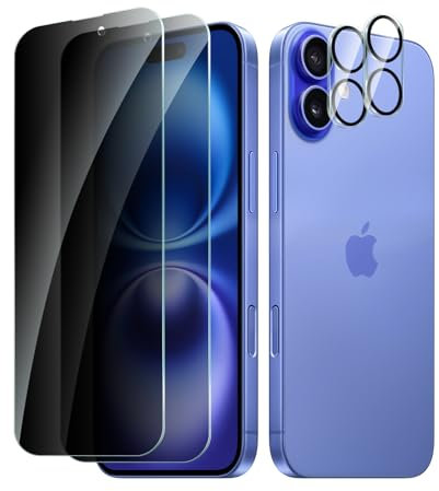 CYYAGE iPhone 16 Privacy Screen Protector and Camera Lens Protector, 2+2 Pack, Anti-Spy Tempered Glass, 9H Hardness, with Camera Lens Film