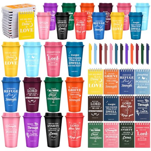 72 Pcs Christian Plastic Coffee Cups with Lids Set, 470 ml Reusable Bible Verse Drinking Mugs with Notebooks Pens, Employee Appreciation Religious Christian Tumbler Gifts for Christmas Church Party