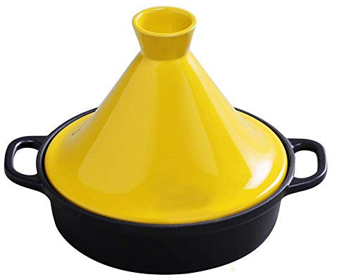 Casseruola con Coperchio in ghisa Smaltata 20 cm pentola per tajine, tajine con Coperchio a Forma di Cono (Giallo)