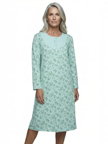 Zeitlos Nachthemd Damen Langarm Romy mit Chrysanthemen M-6XL Schlafshirt kleine Knopfleiste mit Raffung an der Brust