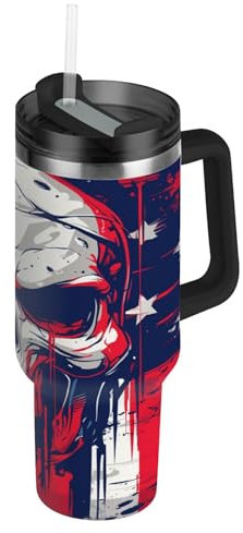 Wzzzsun American Sugar Skull USA Flag Isotherme Bouteille d'eau avec Paille, Gourde Sport en Acier Inoxydable Gourdes sans BPA pour Enfant Garçon Fille École Bureau